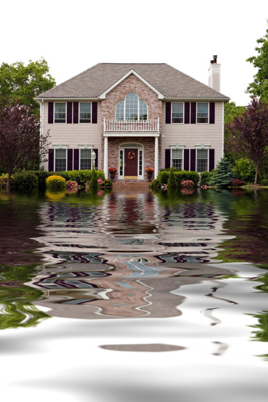 Photo of a house with a flood in the front yard