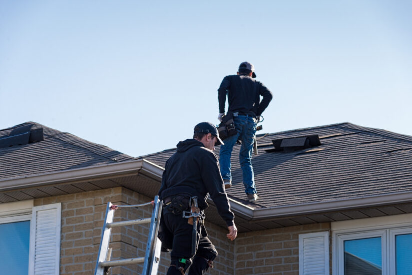 Photo of a man climbing on the roof